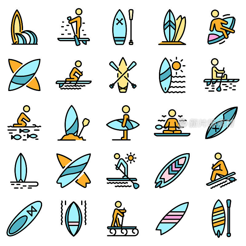 Sup surfing icons set vector flat